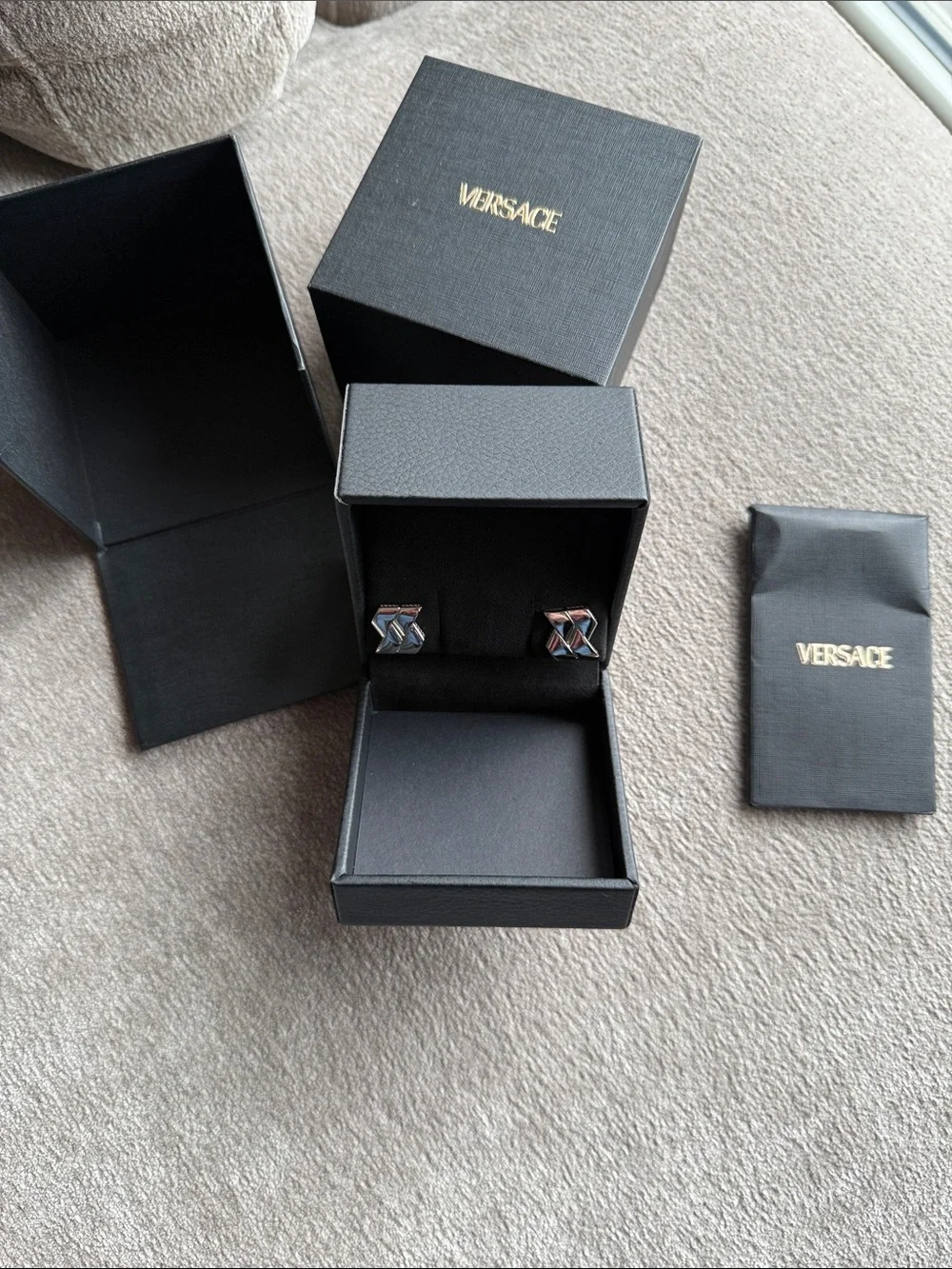 VERSACE Silver Greca Earrings Brand New